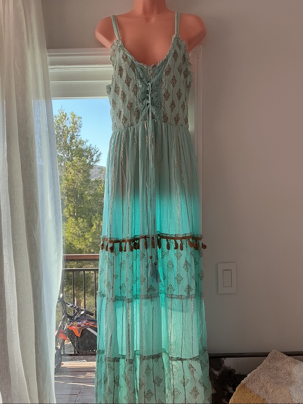 Boho Mint Green Tassel Maxi Dress